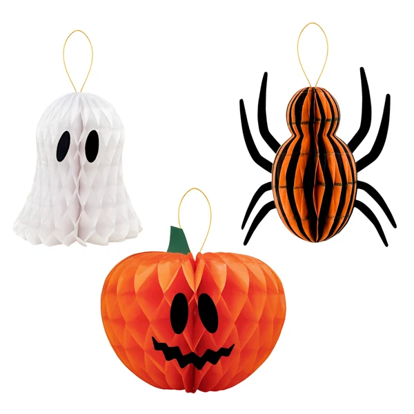 Set 3 decoraciones de papel fantasma araña calabaza