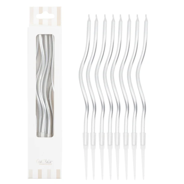 Velas largas Curly plata / 8 uds.