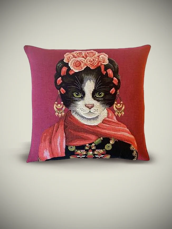 Funda de Cojín 'Gato Kahlo' con Pañuelo - 45x45 cm