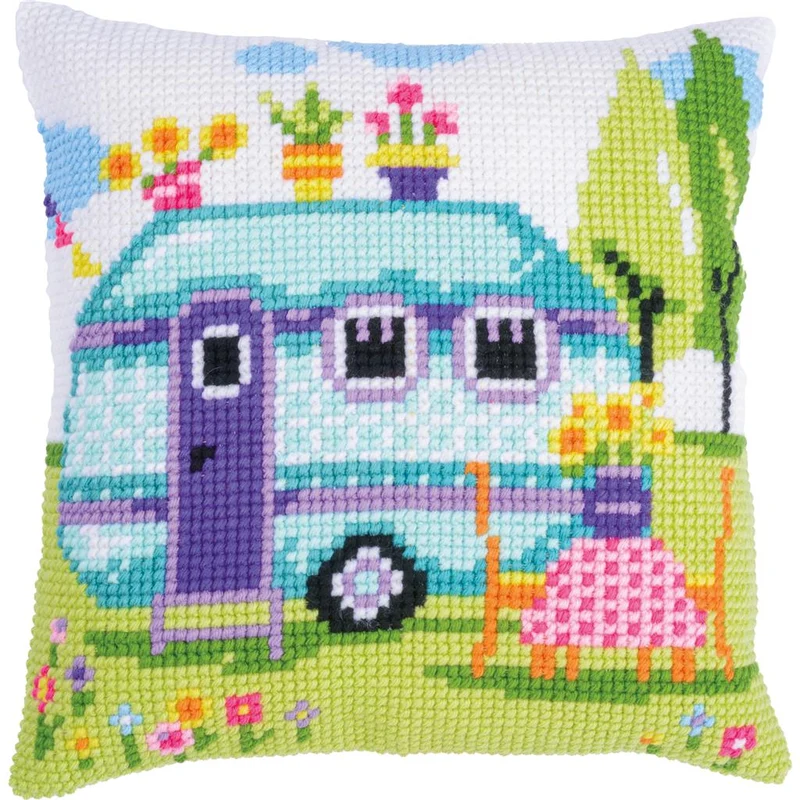 Kit para Bordar Cojín en Punto de Cruz "Vacaciones por Carretera" - Vervaco