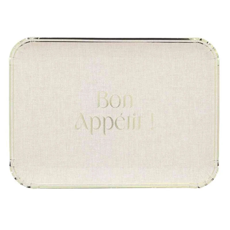 Tabuleiros "bon appétit" com efeito linho e dourado / 3 unid.