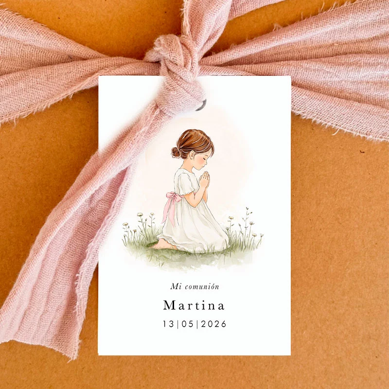 Etiqueta detalle con cinta Comunión Niña rezando Lazo rosa/ 6 uds.
