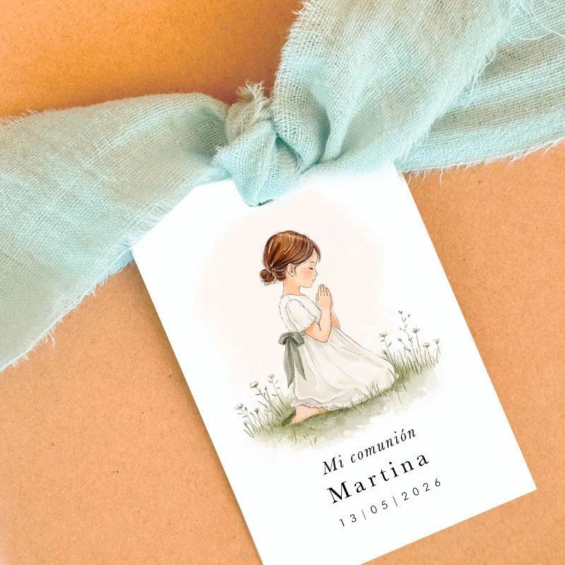 Etiqueta detalle con cinta Comunión Niña rezando Lazo Verde / 6 uds.