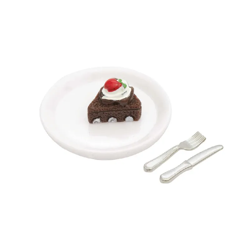 Tarta de chocolate con plato y cubiertos miniatura ratón