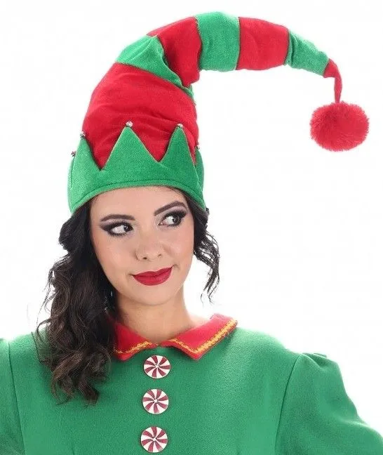 Gorro de elfo navideño rojo y verde con pompón