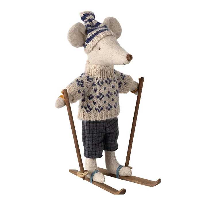 Ratoncito Papá invernal con suéter y esquís Azul Maileg