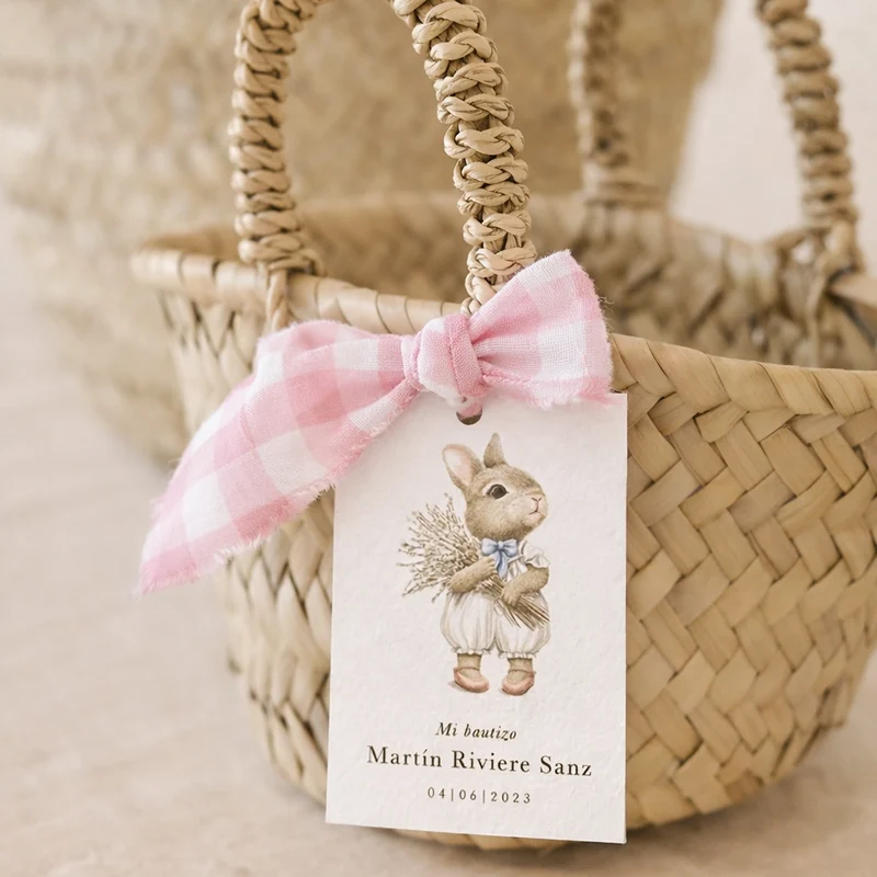 Etiqueta detalle con cinta rosa vichy conejito / 6 uds.