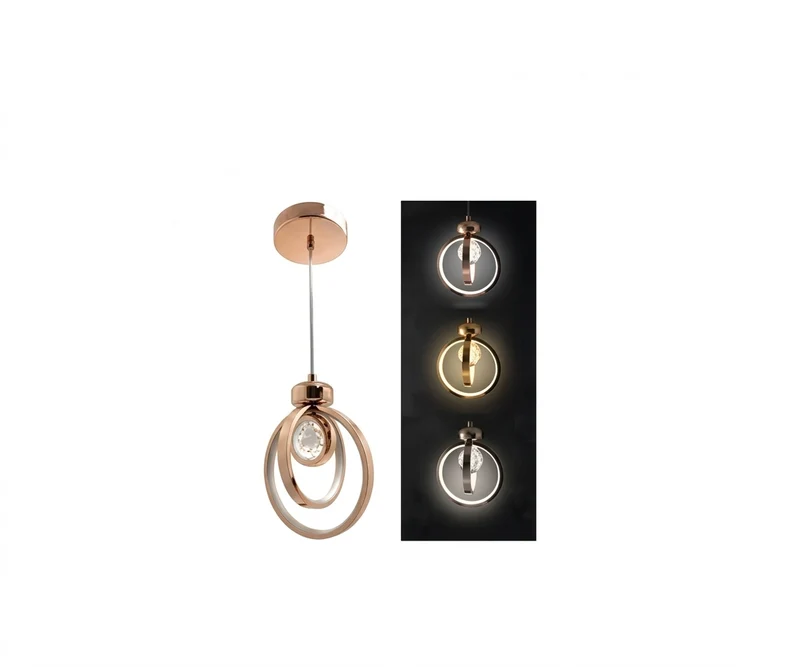 Lámpara Colgante Aros Cósmicos LED Tricolor y Cristal de Lujo