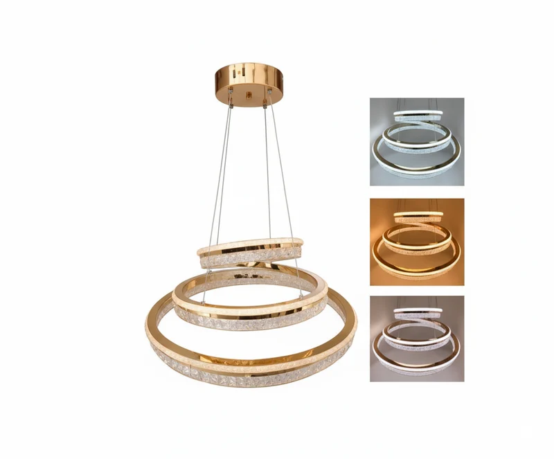 Lámpara Colgante LED Triple Anillo de Cristal - Iluminación Luxury 3 Tonos