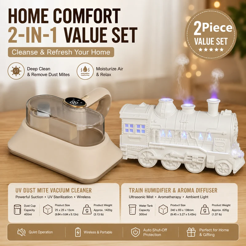 White Retro Train Humidifier & UV Mite Vacuum Set