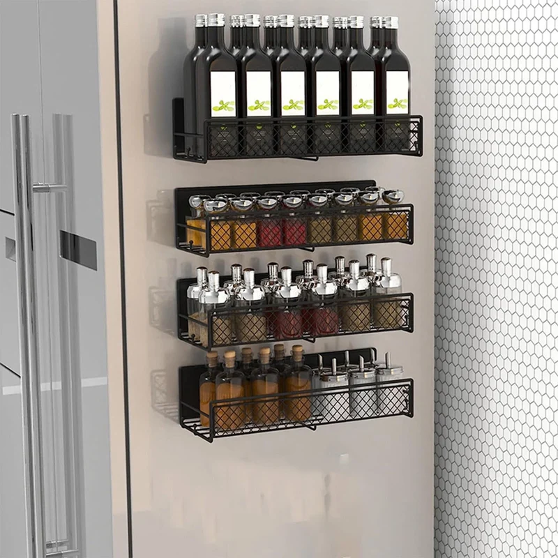 Black Metal Magnetic Spice Rack for Refrigerator