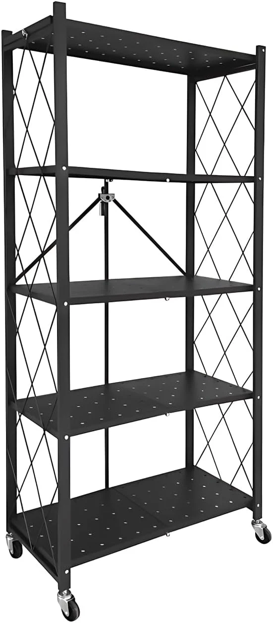 Black CARLA HOME 5-Tier Foldable Storage Shelf with Wheels for Kitchen