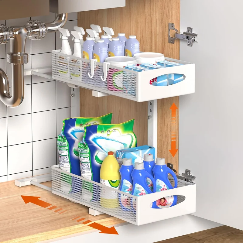 White CARLA HOME 2 Tier Under Sink Organiser Pull Out Sliding Cabinet