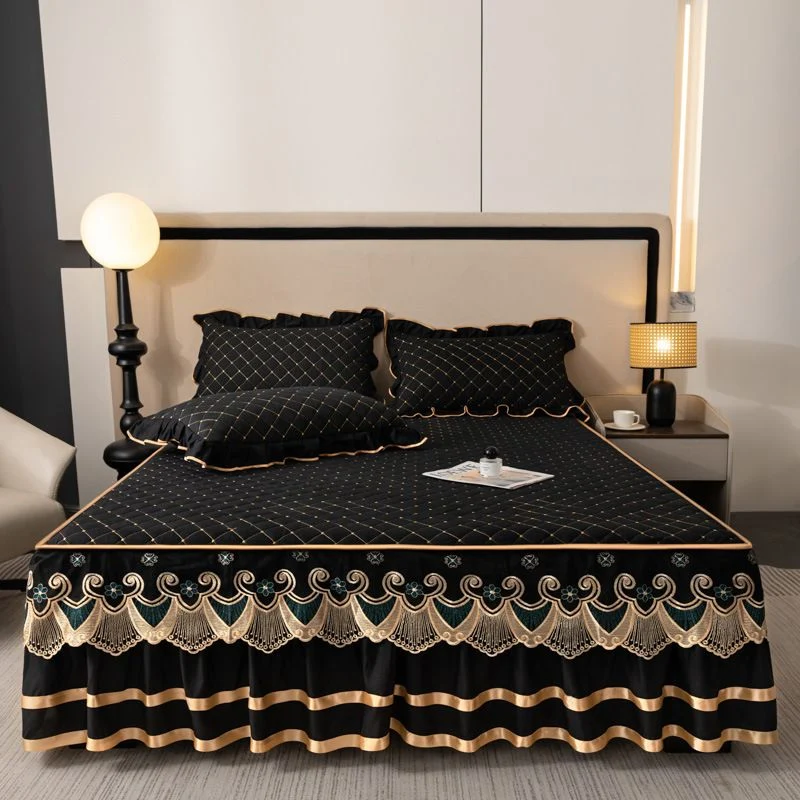 Grey & Gold European Soft Brushed Quilted Bed Skirt + 2 Pillowcases Set