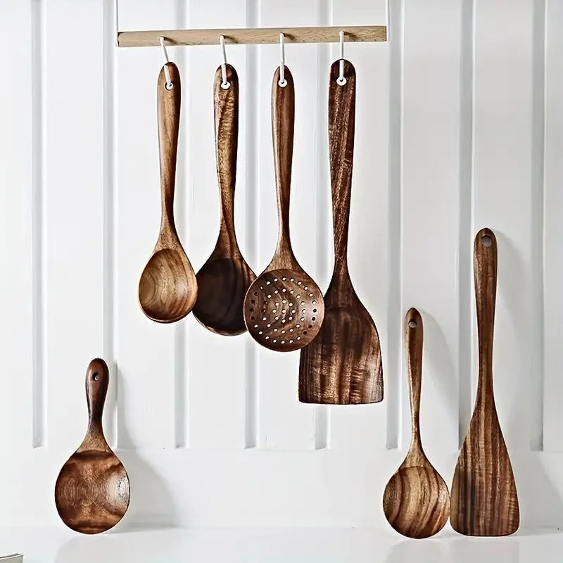 7pc Natural Teak Wooden Spoons for Cooking Set