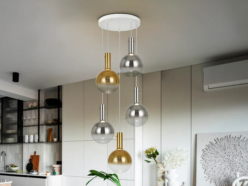 Lámpara de techo colgante Schuller Matices grande 5 luces blanco y smoke cristal soplado