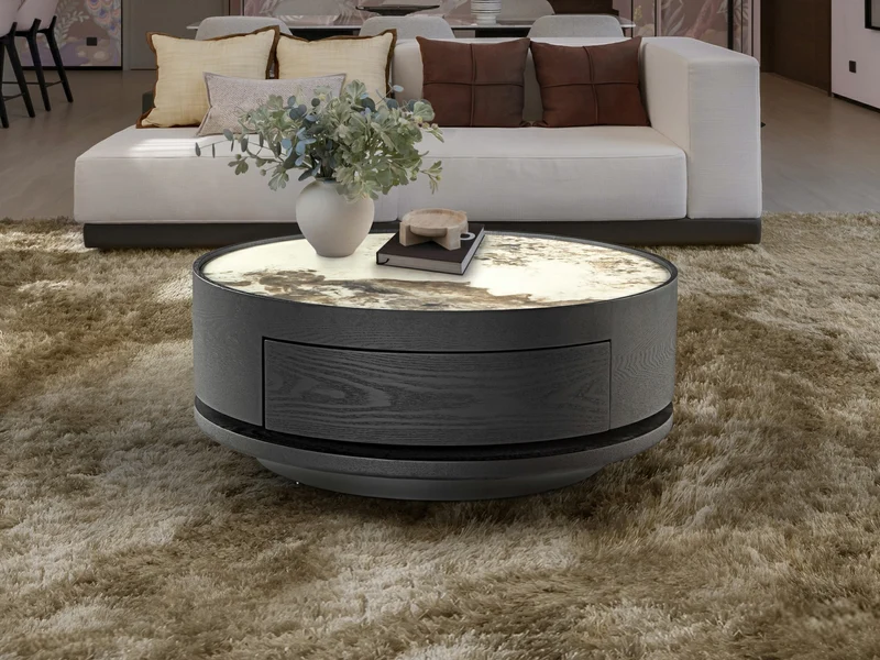 Mesa de centro Schuller Iza negro y mármol veteado giratoria con cajones 33cm