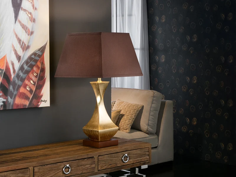 Lámpara de sobremesa Schuller Deco grande 1 luz pan de oro y nogal madera 64cm