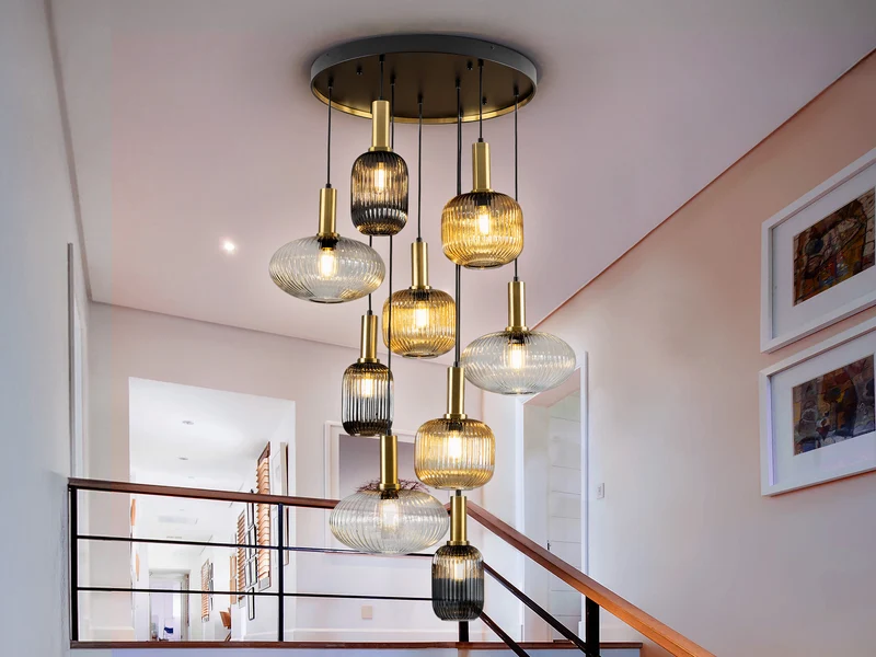 Lámpara de techo colgante Schuller Norma grande 9 luces negro y latón 5 metros Ø80cm 225090G