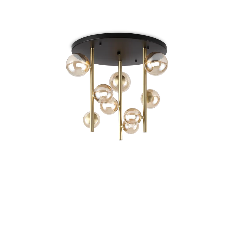Plafón de techo Ideal Lux Perlage ámbar cristal 9 luces 135W Ø50cm