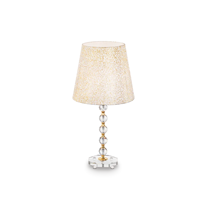 Lámpara de sobremesa Ideal Lux Queen dorado cristal y tela 60W Ø35cm