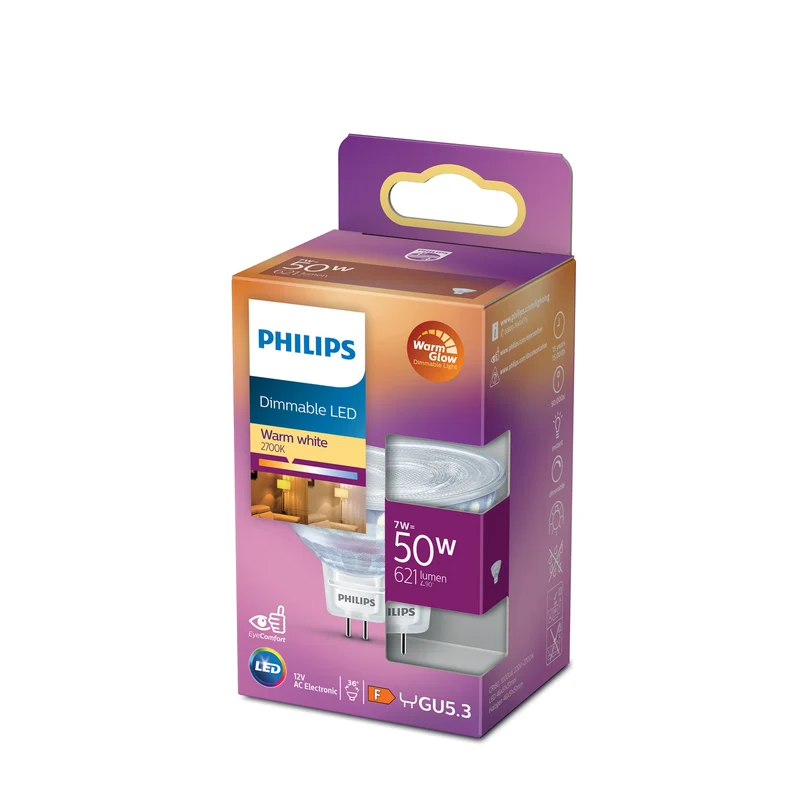 Bombilla LED Dicroica Philips WarmGlow regulable GU10 MR16 50W 2700K 700lm
