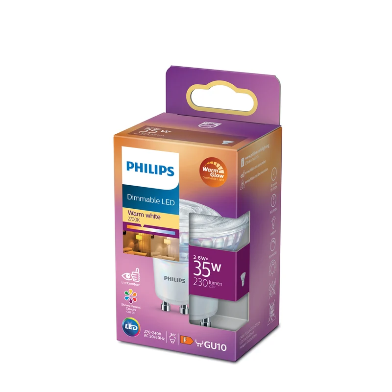 Bombilla LED Dicroica Philips WarmGlow regulable PAR16 35W GU10 2700K 270lm