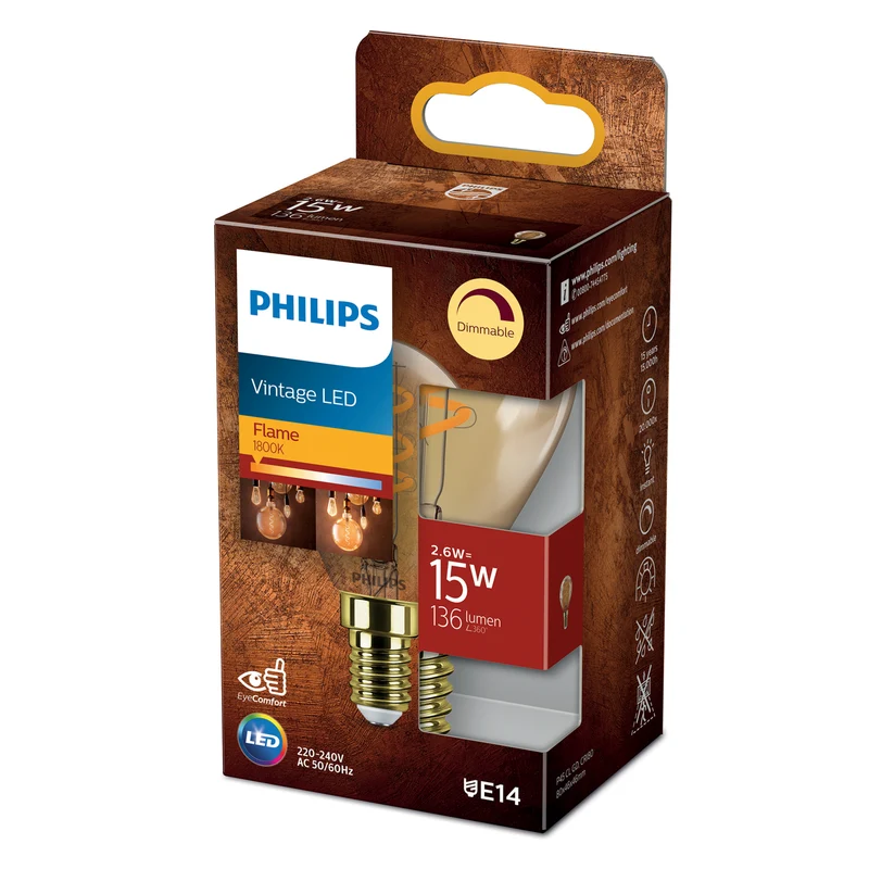 Bombilla de filamento Philips Classic ámbar P45 15W E14 1800K 136lm
