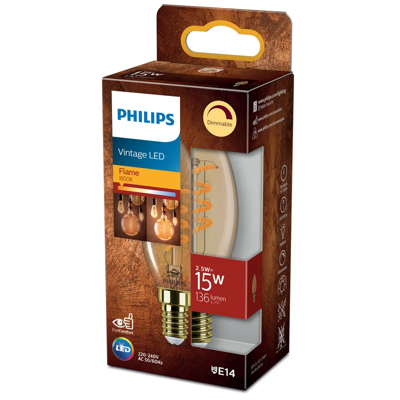Bombilla de filamento Philips Classic ámbar B35 15W E14 1800K 136lm