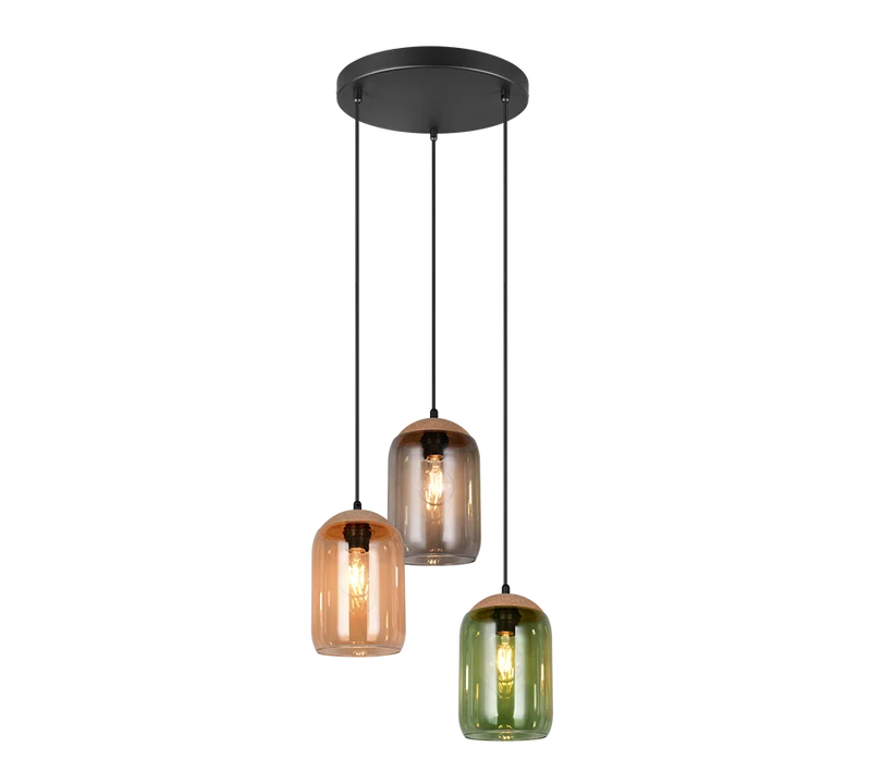 Lámpara de techo colgante Trio Cork 3 luces vidrio multicolor y ámbar 150cm 364630317