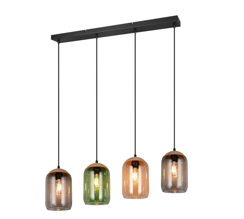 Lámpara de techo colgante Trio Cork 4 luces negro mate y ámbar 150cm 364600417