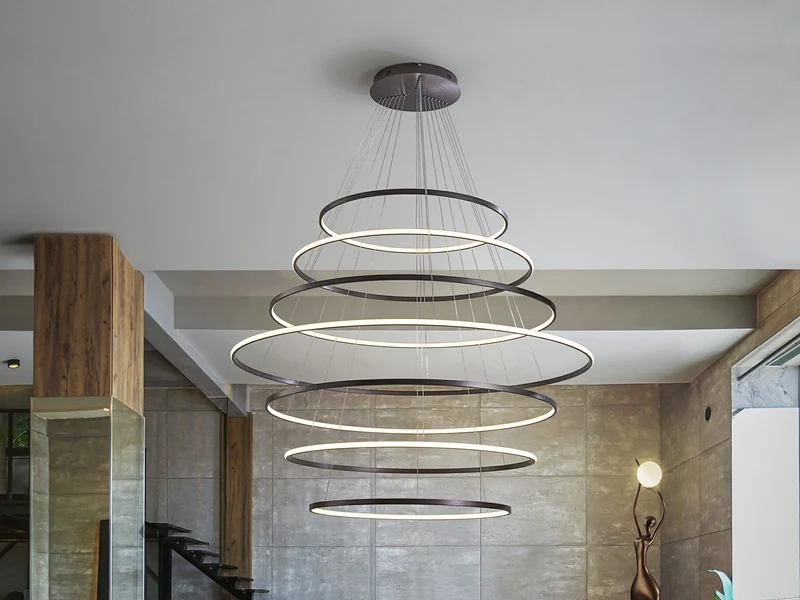 Lámpara de techo colgante de 7 aros Schuller Odessa grande bronce oscuro CCT con mando