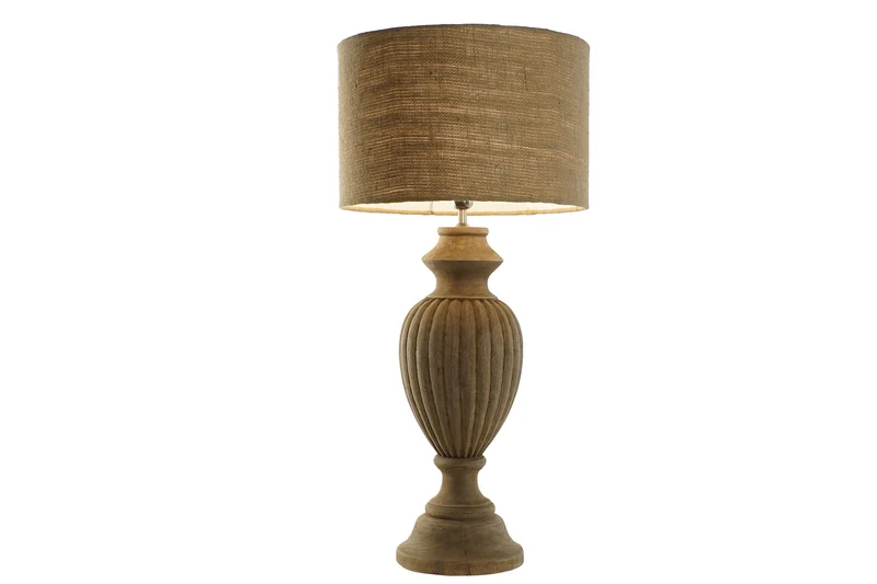 Lámpara de mesa grande madera tallada y pantalla yute 91 cm 216577