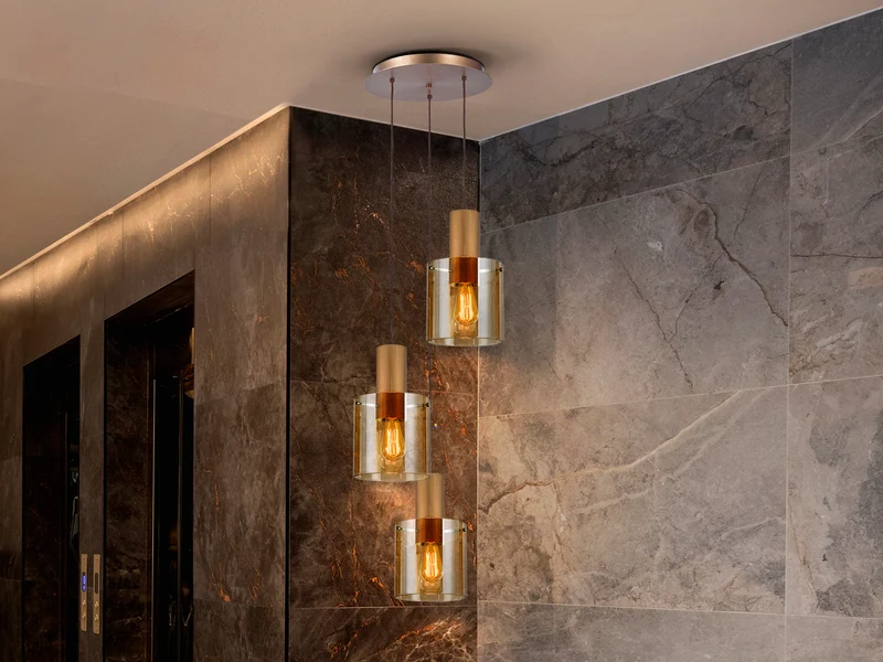 Lámpara de techo colgante Schuller Venize 3 luces cobre satinado y ambar Ø37cm 12980