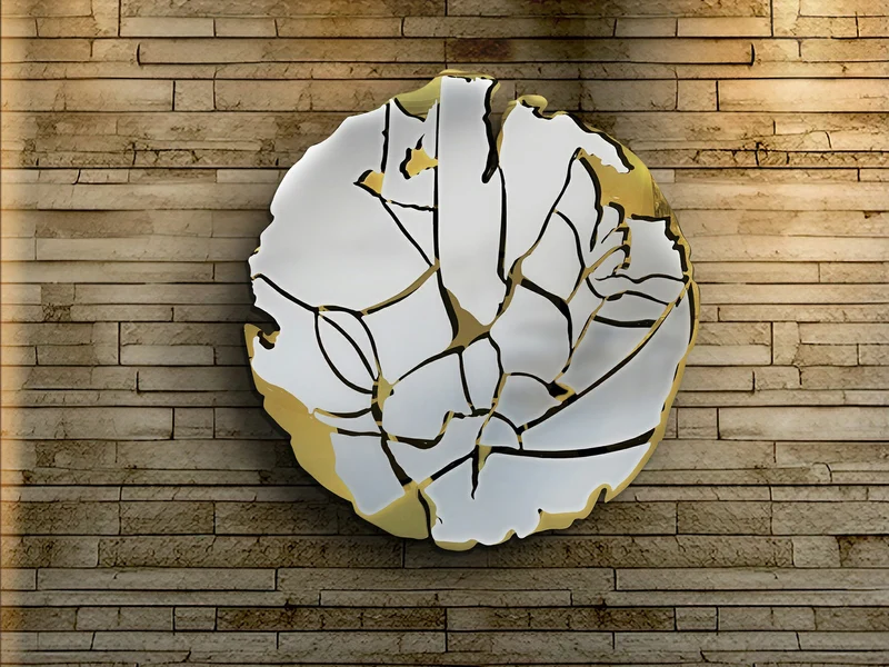 Escultura de pared Schuller Fiorella dorado brillo y cromo acero inoxidable 110x110cm