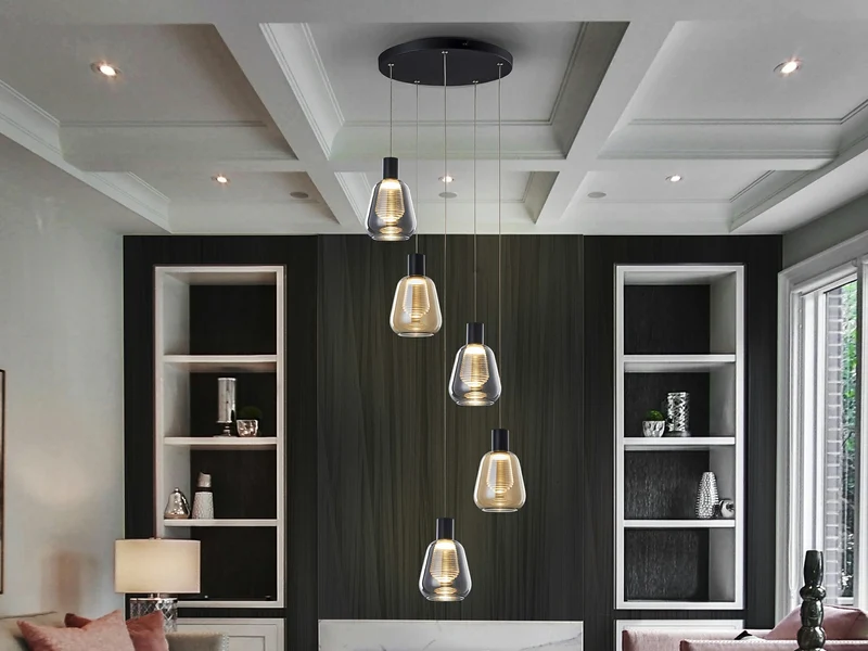 Lámpara de techo colgante Schuller Carisa 5 luces negro y ambar 3000K Ø40cm