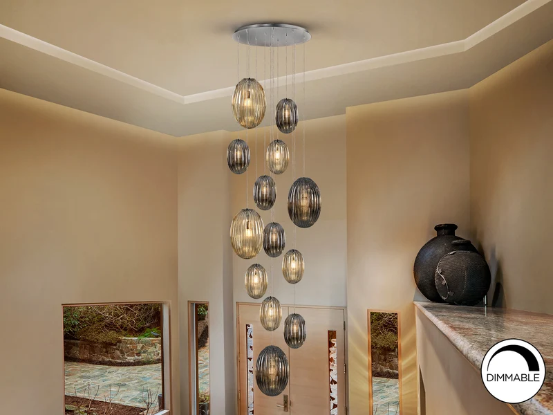 Lámpara de techo colgante Schuller Ovila grande 13 luces cromo y gris 5 metros Ø96cm 752459G