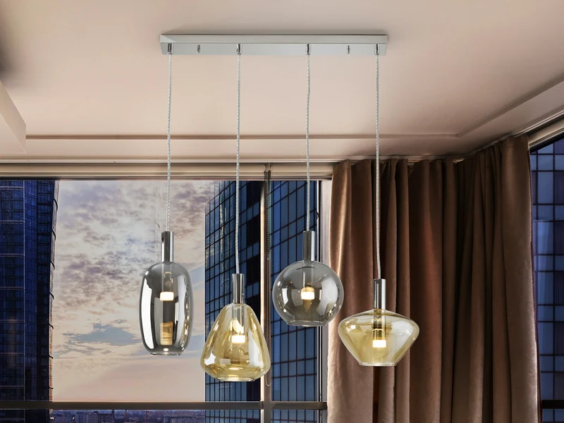 Lámpara de techo colgante Schuller Nara 4 luces cromo y ambar 3000K