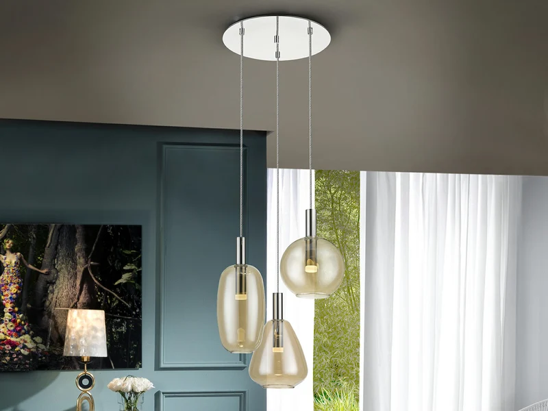 Lámpara de techo colgante Schuller Nara 3 luces cromo y ambar 3000K Ø45cm