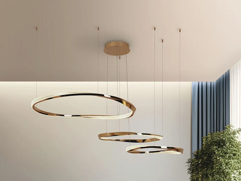 Lámpara de techo colgante de 3 aros Schuller Orbitas baño dorado y oro 3000K