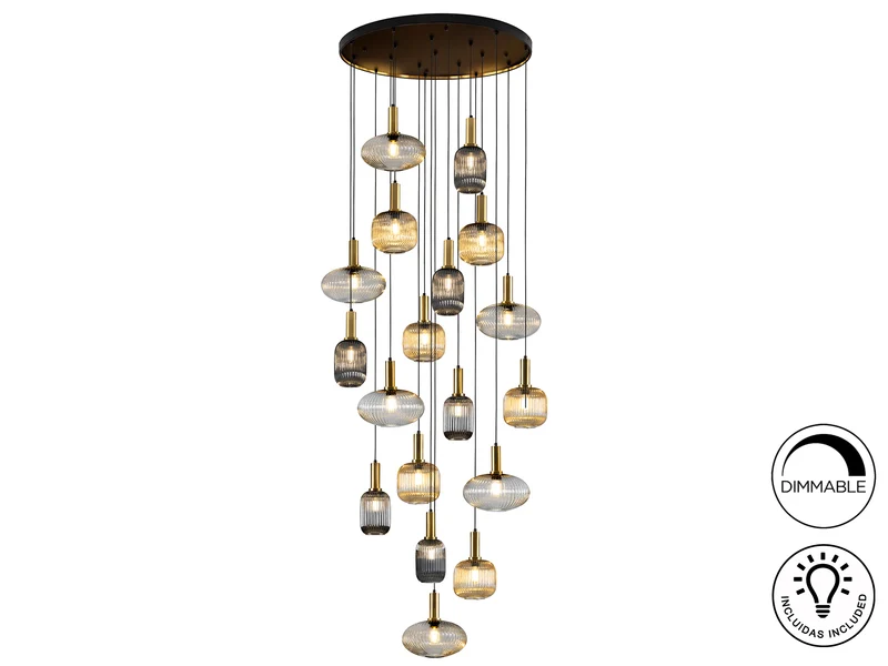Lámpara de techo colgante Schuller Norma grande 18 luces negro y latón 3 metros Ø113cm