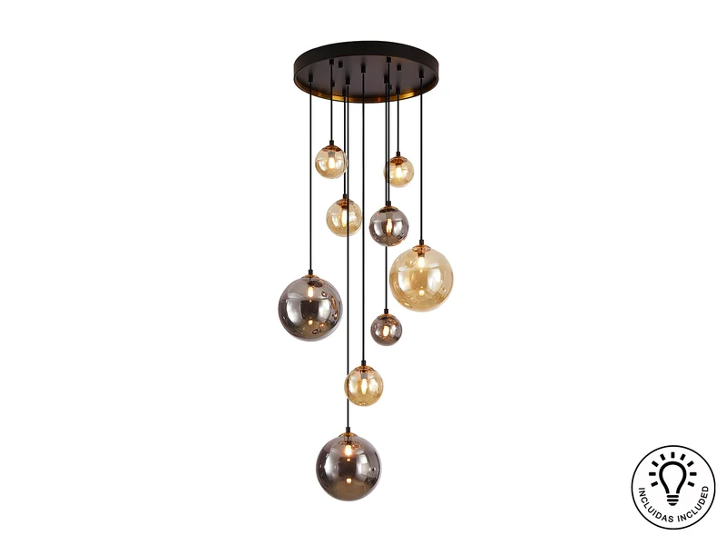 Lámpara de techo colgante bolas Schuller Dark 9 luces negro y latón Ø55cm