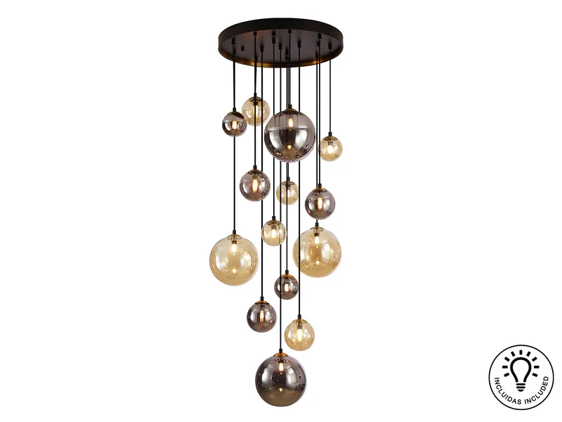 Lámpara de techo colgante bolas Schuller Dark grande 14 luces negro y latón Ø60cm