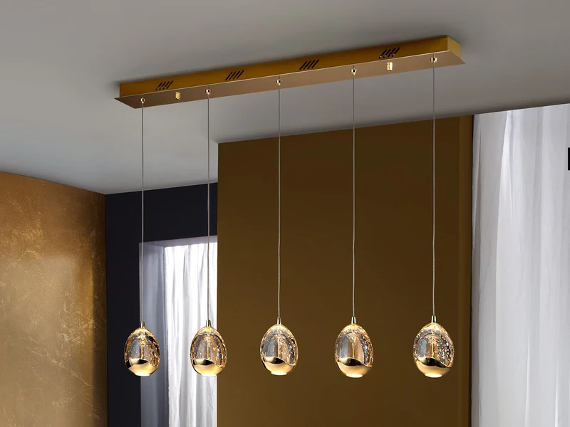 Lámpara de techo colgante Schuller Rocío 5 luces dorado y champán con burbujas 3000K