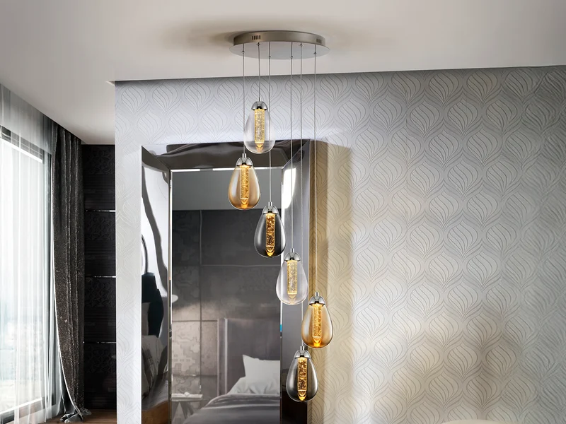 Lámpara de techo colgante Schuller Taccia 6 luces cromo y ambar 3000K Ø40cm