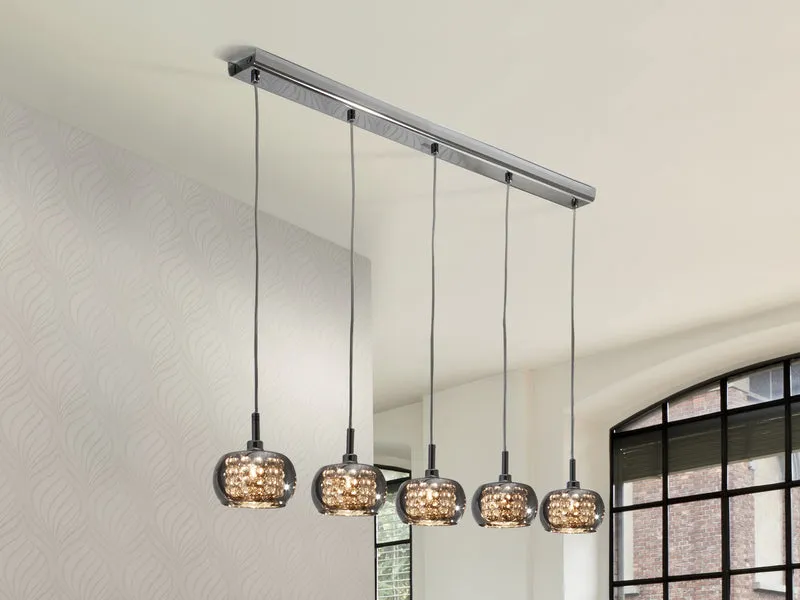 Lámpara de techo colgante Schuller Arián 5 luces cromo y espejado regulable con mando 193539D