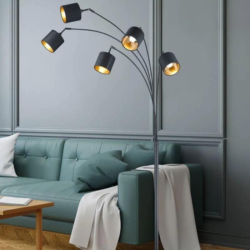 Lámpara de pie Trio Tommy 5 luces negro mate y dorado 200cm R