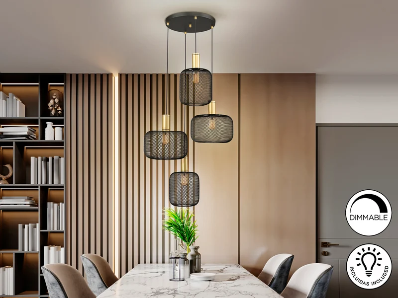 Lámpara de techo colgante Schuller Osiris 4 luces negro y oro Ø58cm