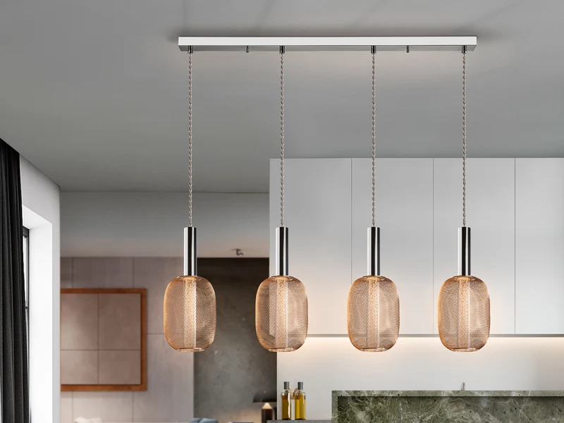 Lámpara de techo colgante Schuller Micrón 4 luces cromo y oro 3000K