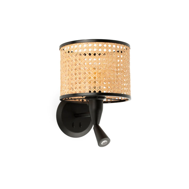 Lámpara de pared aplique Faro Mambo con lector E27 LED ratán 64309-47